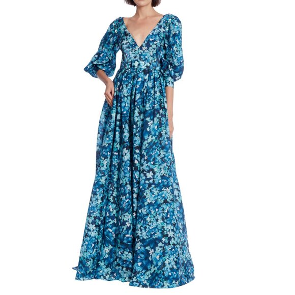 Badgley Mischka Blue Print Puff Sleeve Gown, Size 10 (NWT) - Picture 1 of 11